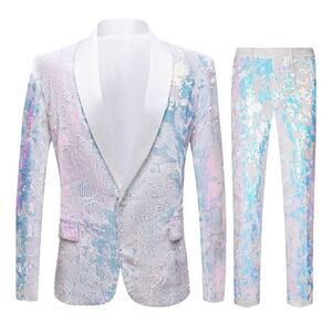 Carffiv Mens Fashionable Floral Pattern Sequin Two Piece Suit Set 2XL